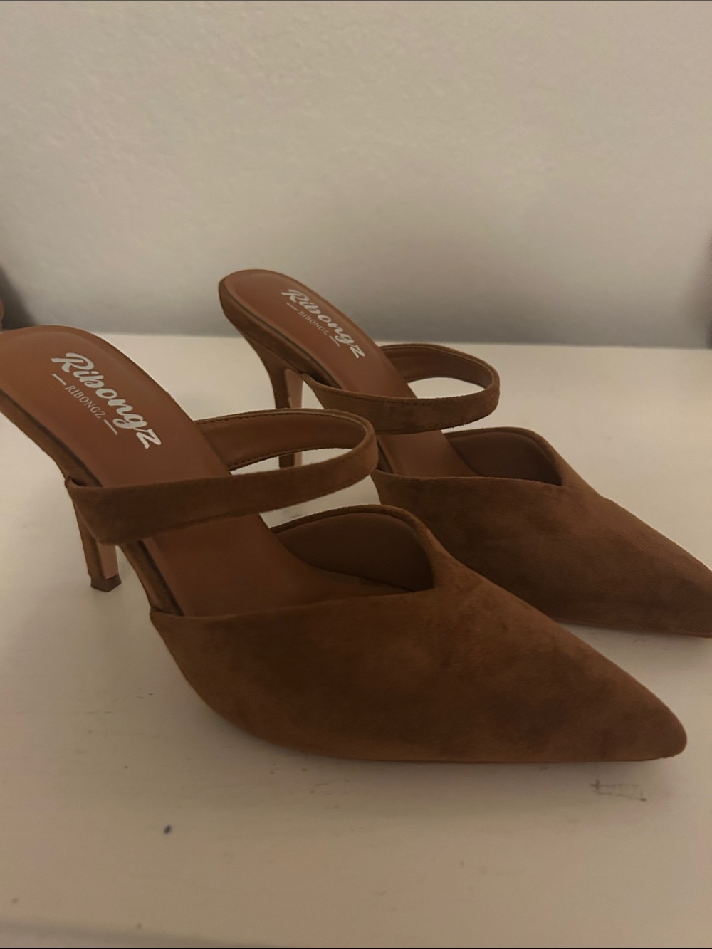 Brown Suede Pointed-Toe Mule Heels